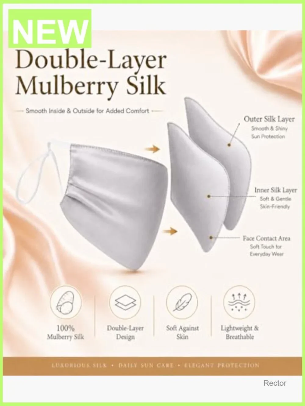 100% Mulberry Silk Face Mask, UPF50+ UV400 Sun Protection, Breathable for